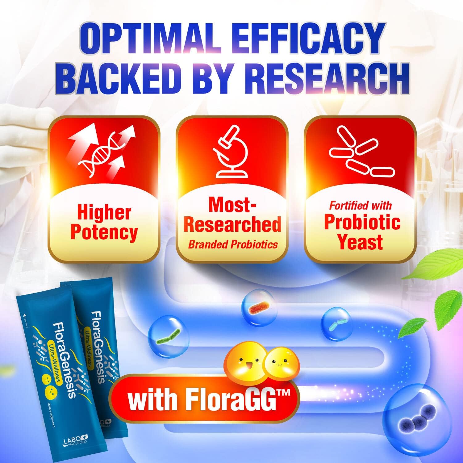 LABO Nutrition FloraGenesis Probiotics 50 Billion CFU - 15 Strains, 600x More Survivability, Delayed Release, Stomach Acid Resistant - Gut & Digestive Health - 30 Bags