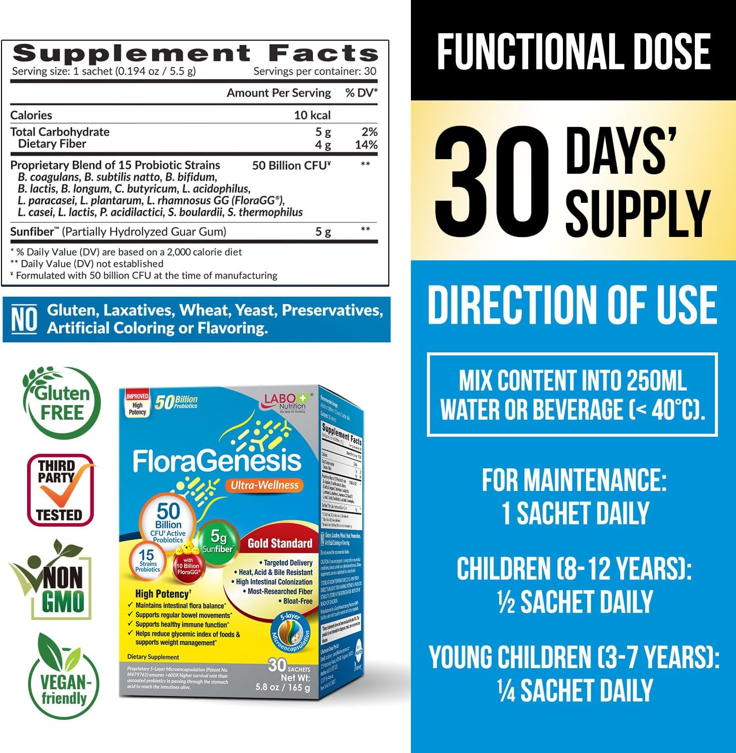 LABO Nutrition FloraGenesis Probiotics 50 Billion CFU - 15 Strains, 600x More Survivability, Delayed Release, Stomach Acid Resistant - Gut & Digestive Health - 30 Bags