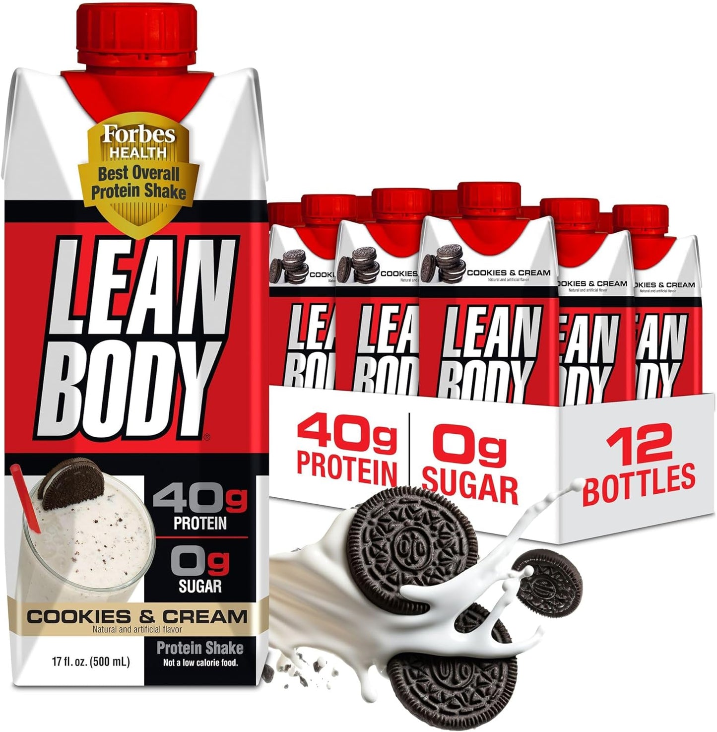 Labrada Lean Body Cookies and Cream Protein Shake - 12 Pack, 40g Protein, Whey Blend, 0 Sugar, Gluten-Free, 22 Vitamins & Minerals - 17 Fl Oz Each