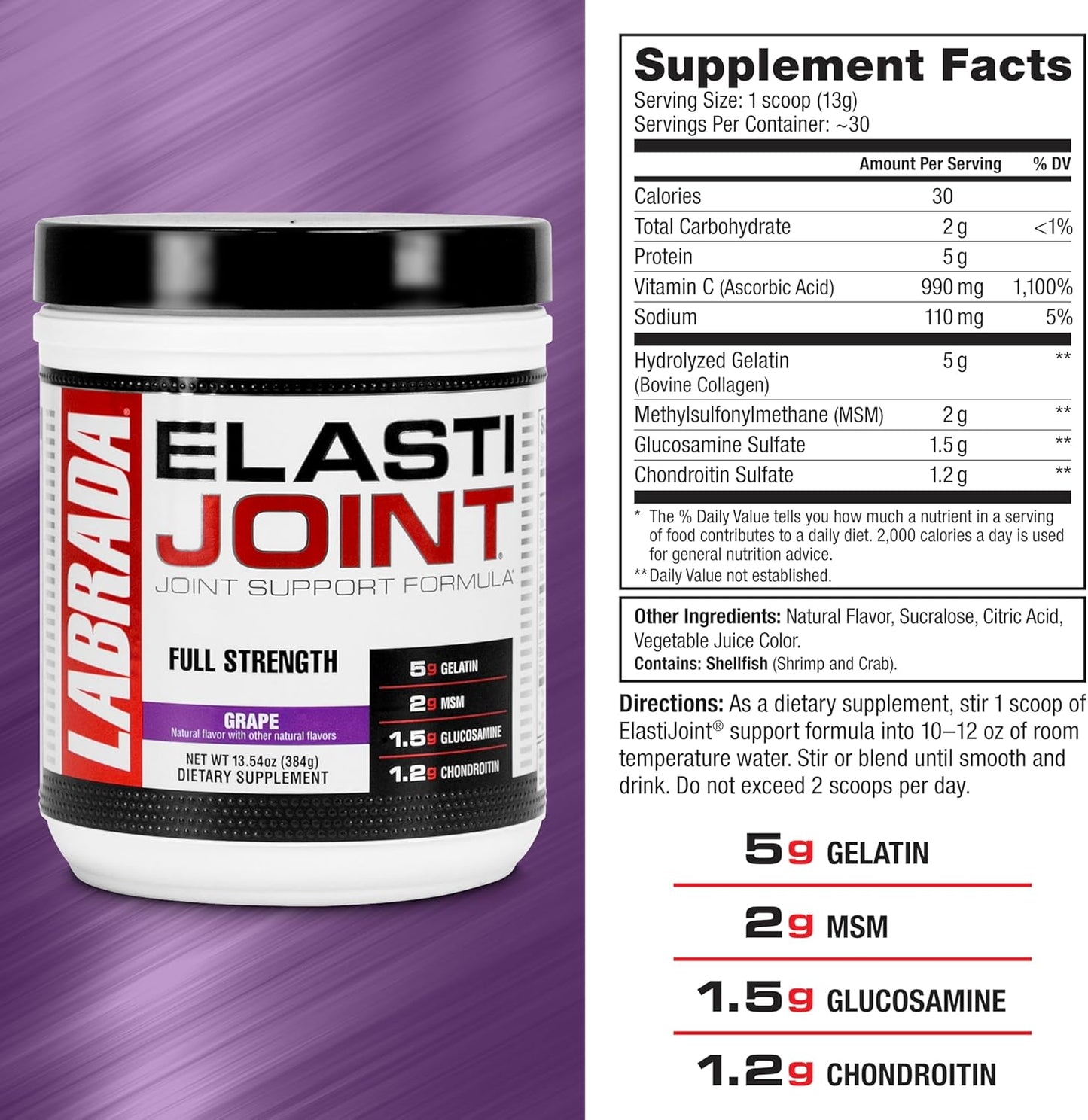 Labrada Nutrition Elastijoint Grape Glucosamine Joint Support Powder for Men & Women - Bone Health Supplement with Chondroitin - Gluten-Free Formula