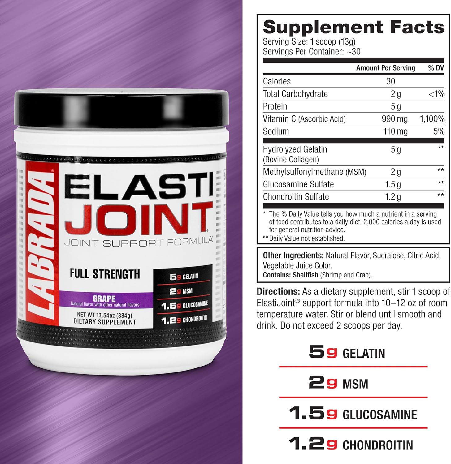 Labrada Nutrition Elastijoint Grape Glucosamine Joint Support Powder for Men & Women - Bone Health Supplement with Chondroitin - Gluten-Free Formula