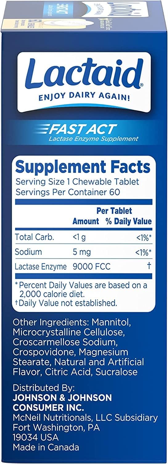 Lactaid Fast Act Chewables for Lactose Intolerance Relief - 240 Tablets, Vanilla Twist Flavor, On-the-Go Relief from Gas, Bloating, and Diarrhea