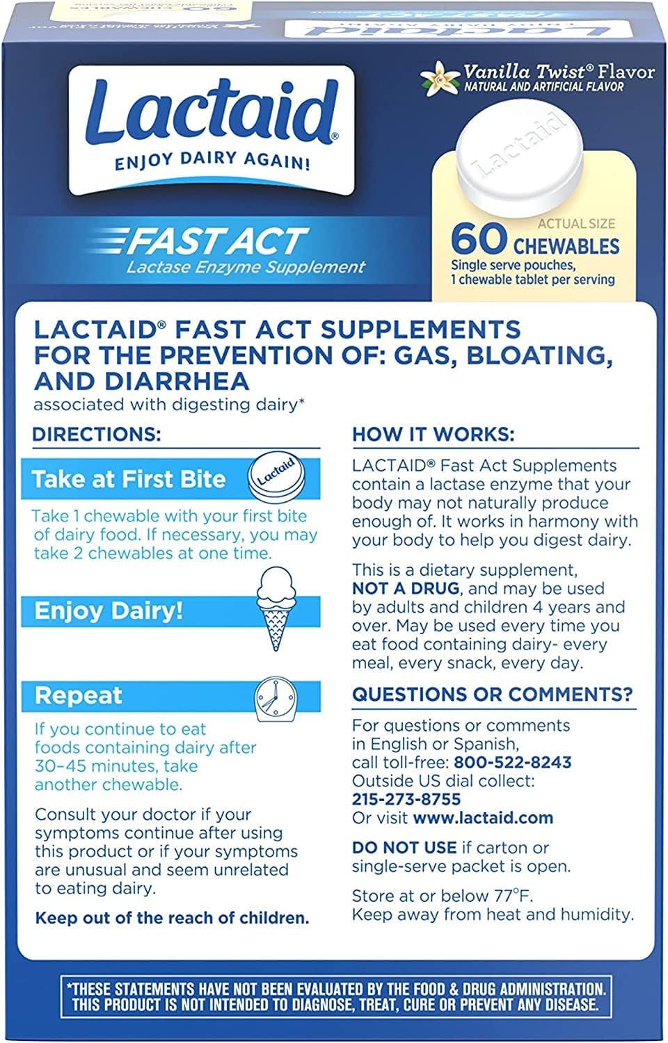 Lactaid Fast Act Chewables for Lactose Intolerance Relief - 240 Tablets, Vanilla Twist Flavor, On-the-Go Relief from Gas, Bloating, and Diarrhea