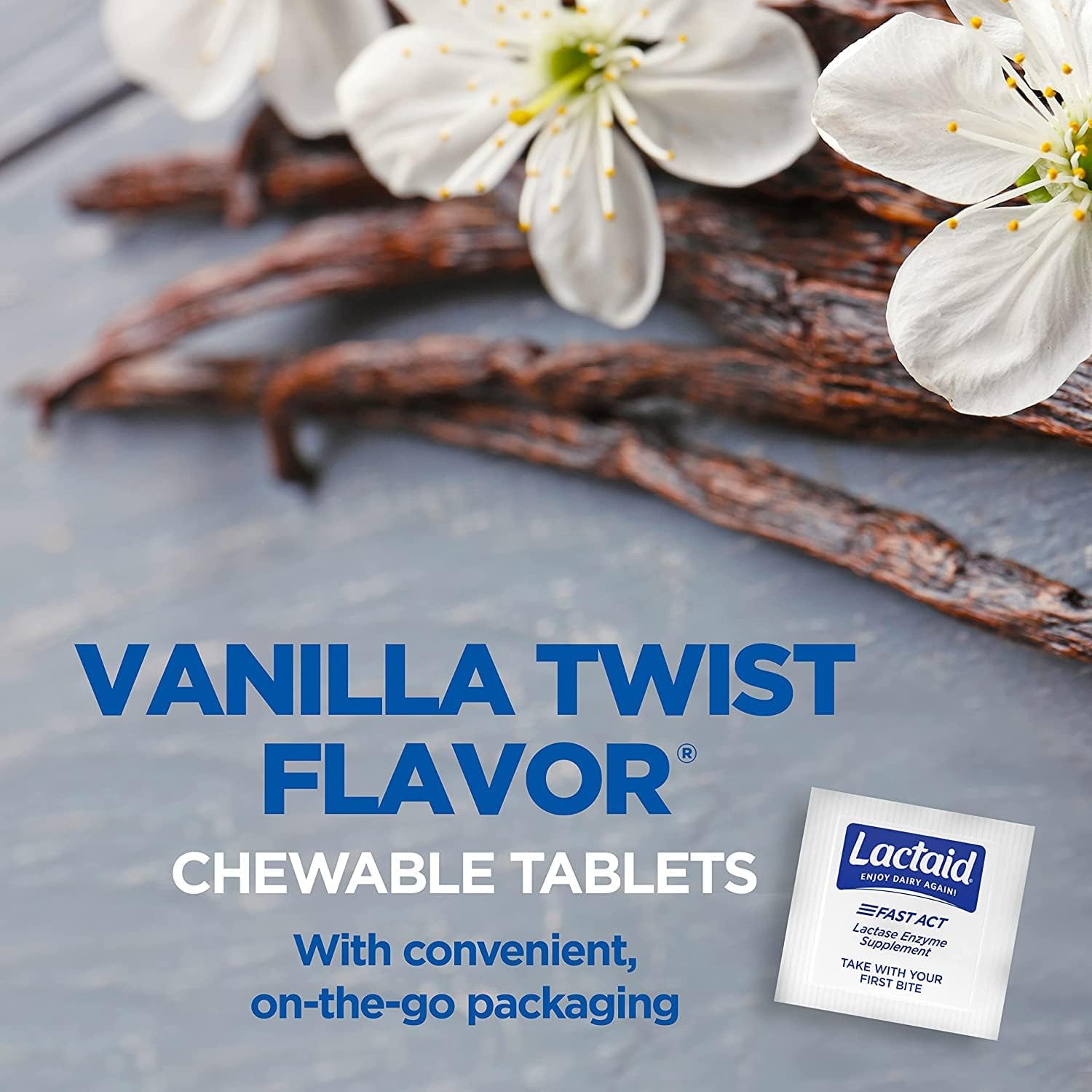 Lactaid Fast Act Chewables for Lactose Intolerance Relief - 240 Tablets, Vanilla Twist Flavor, On-the-Go Relief from Gas, Bloating, and Diarrhea