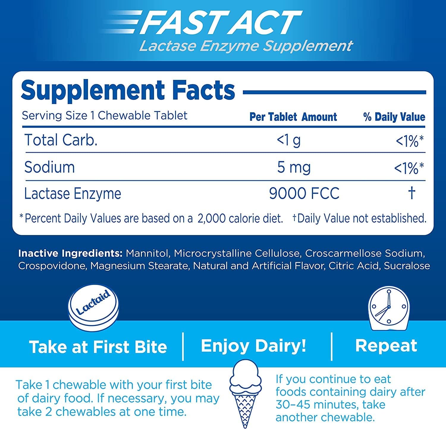 Lactaid Fast Act Chewables for Lactose Intolerance Relief - 240 Tablets, Vanilla Twist Flavor, On-the-Go Relief from Gas, Bloating, and Diarrhea