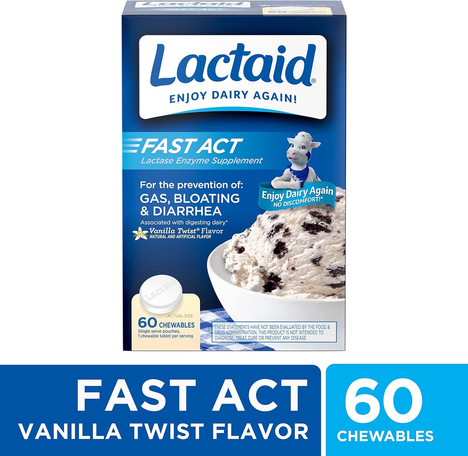 Lactaid Fast Act Chewables for Lactose Intolerance Relief - 240 Tablets, Vanilla Twist Flavor, On-the-Go Relief from Gas, Bloating, and Diarrhea