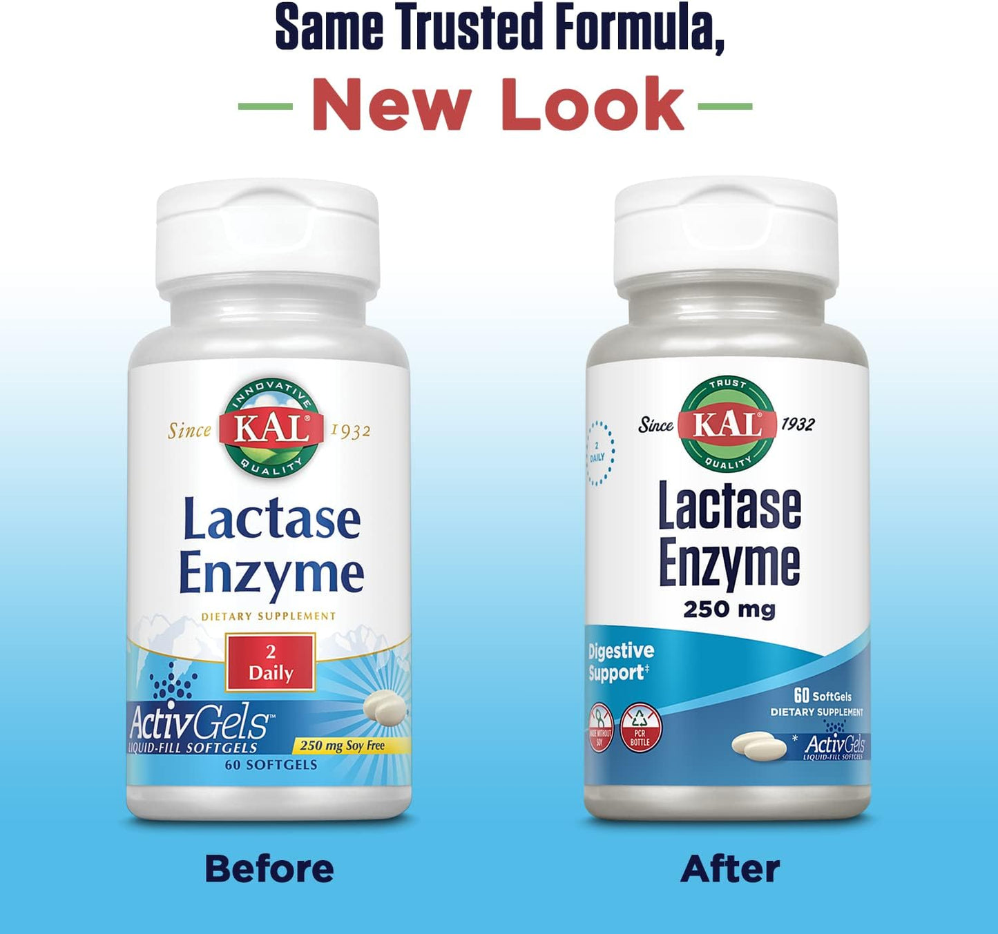 Lactase Enzyme 250mg Liquid-Filled ActivGels for Lactose Intolerance Support - 30 Servings, 60 SoftGels, Soy-Free Formula