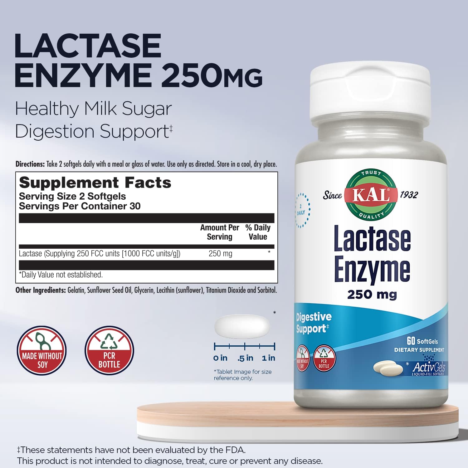 Lactase Enzyme 250mg Liquid-Filled ActivGels for Lactose Intolerance Support - 30 Servings, 60 SoftGels, Soy-Free Formula