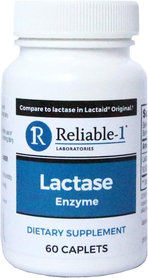 Lactase Enzyme Supplement for Gas, Bloating, and Diarrhea Prevention - 60 Caplets, 1 Bottle by Reliable-1 Laboratories