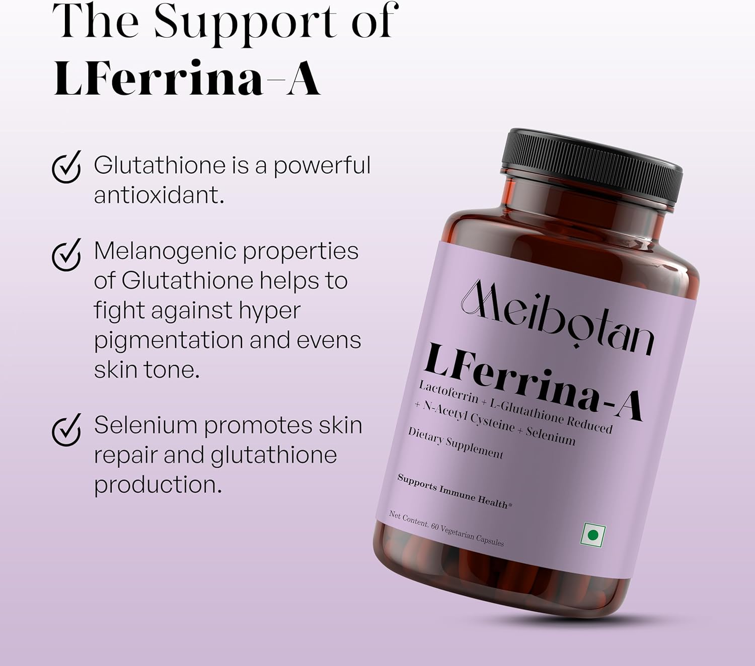 Lactoferrin Supplement with Reduced L-Glutathione for Immunity & Skin Health - 60 Veg Capsules