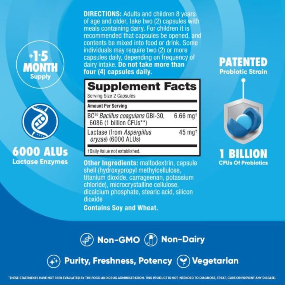 Lactose Defense Enzymes and Probiotics for Digestive Health - 96 Count Capsules (3 Pack) for Men and Women with Occasional Bloating and Abdominal Discomfort, Immune Support.