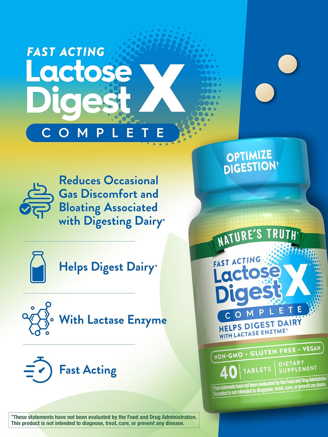 Lactose Digest Tablets with Lactase Enzyme - Vegan & Non-GMO - 40 Pills