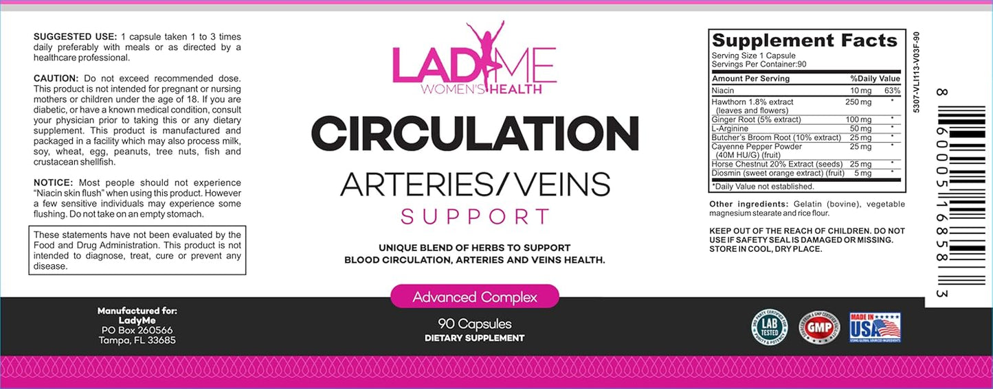 LadyMe Women's Circulation and Vein Support Supplement - Reduce Leg Discomfort & Boost Cardiovascular Health - 90 Capsules for 3 Months