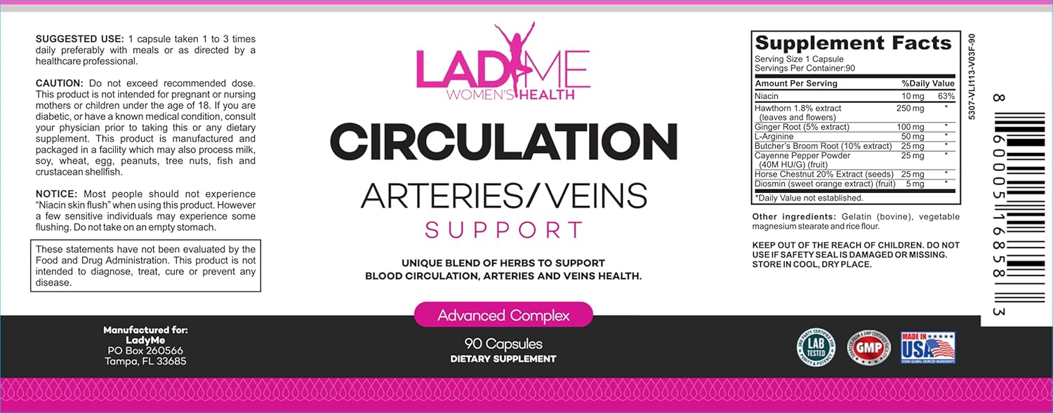 LadyMe Women's Circulation and Vein Support Supplement - Reduce Leg Discomfort & Boost Cardiovascular Health - 90 Capsules for 3 Months