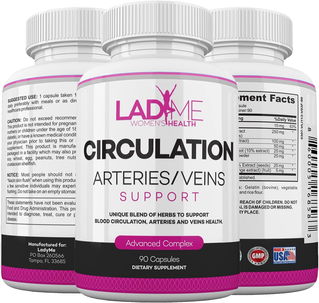 LadyMe Women's Circulation and Vein Support Supplement - Reduce Leg Discomfort & Boost Cardiovascular Health - 90 Capsules for 3 Months