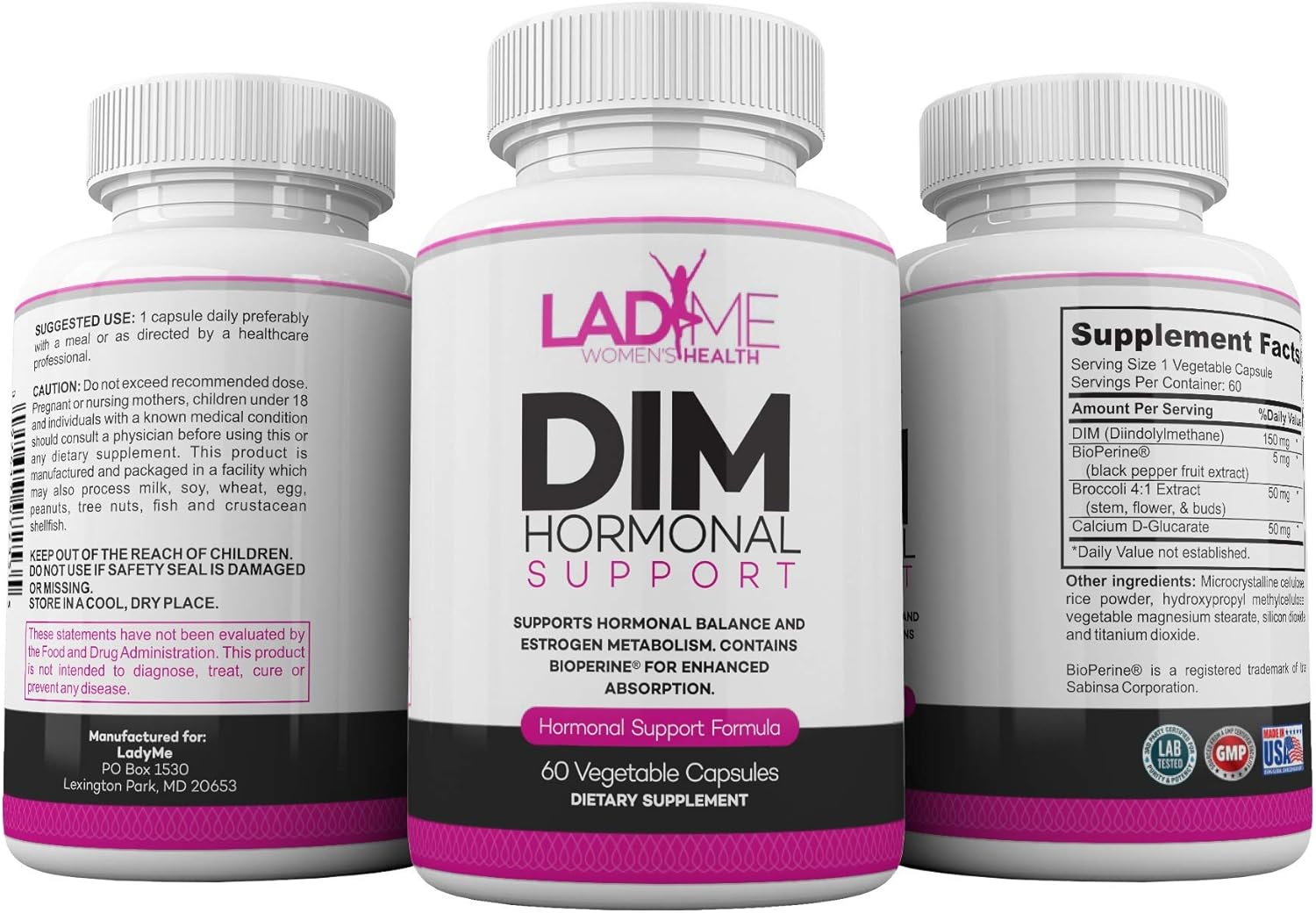 LadyMe Women's Health DIM Complex 150mg Supplement - Menopause Relief with Bioperine & Broccoli - Estrogen Metabolism Balancing Pills - 60 Capsules