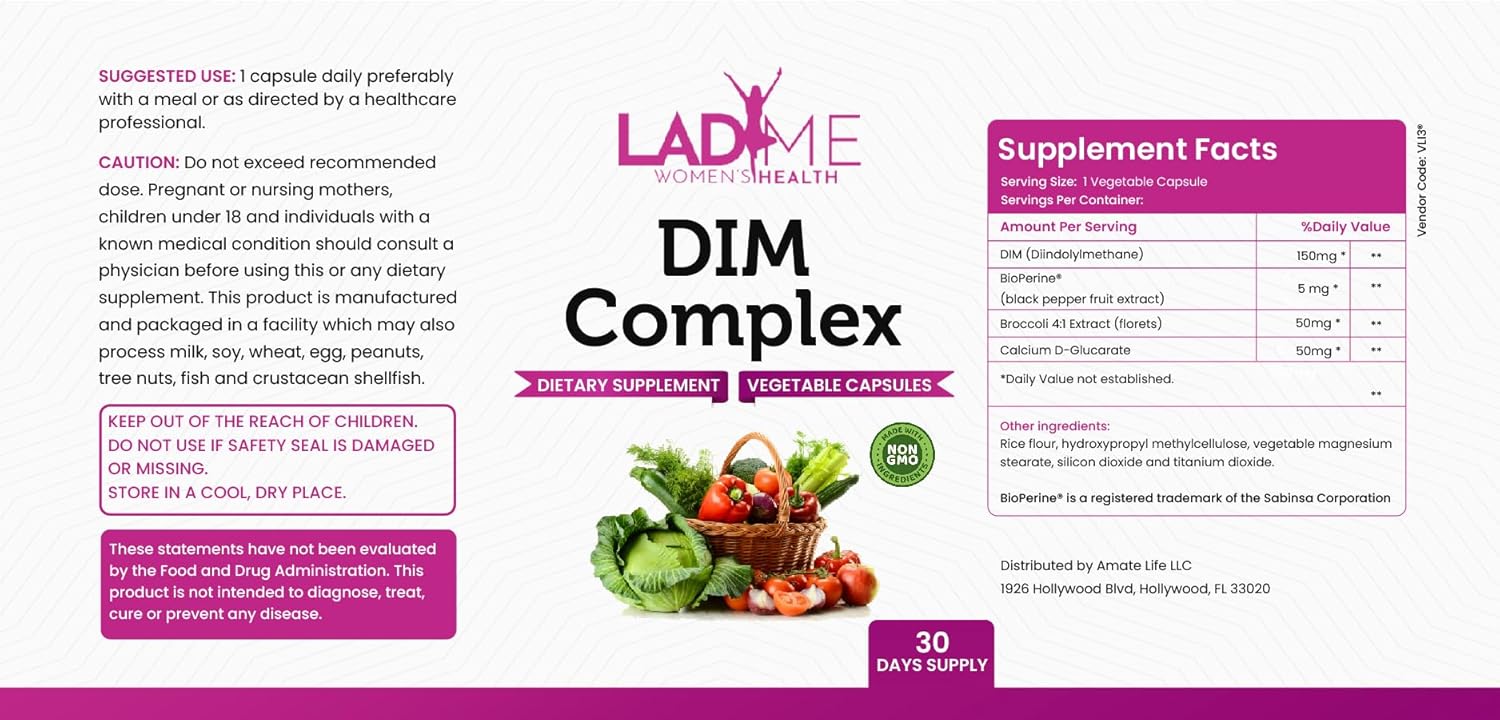 LadyMe Women's Health DIM Complex 150mg Supplement - Menopause Relief with Bioperine & Broccoli - Estrogen Metabolism Balancing Pills - 60 Capsules