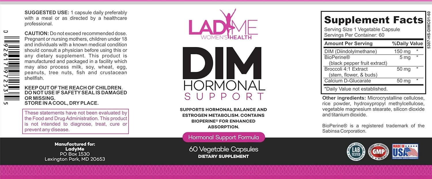 LadyMe Women's Health DIM Complex 150mg Supplement - Menopause Relief with Bioperine & Broccoli - Estrogen Metabolism Balancing Pills - 60 Capsules