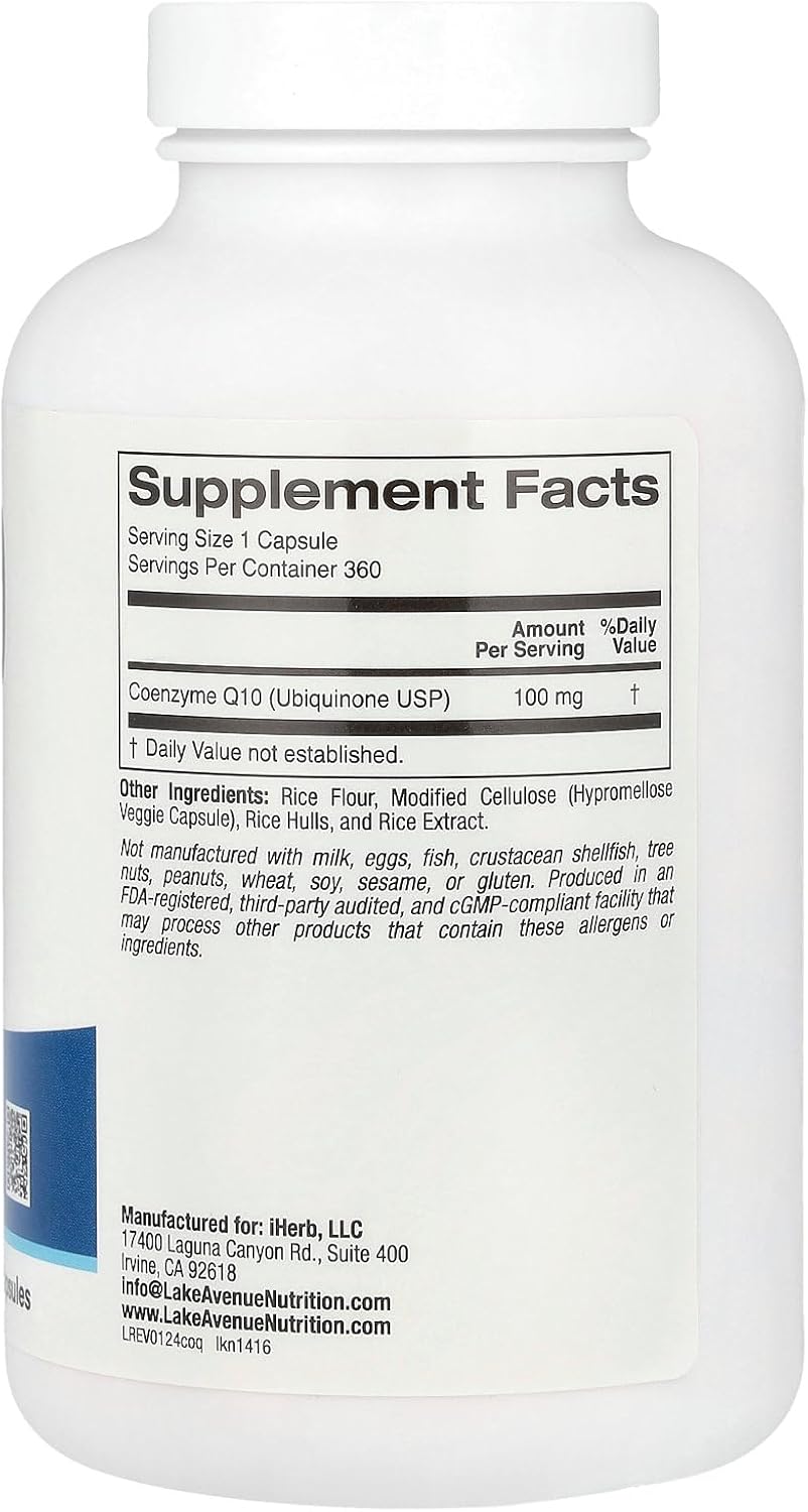 Lake Avenue CoQ10 Nutrition - 100 mg Ubiquinone Supplement for Antioxidant Support - 360 Gluten Free, Non-GMO Veggie Capsules