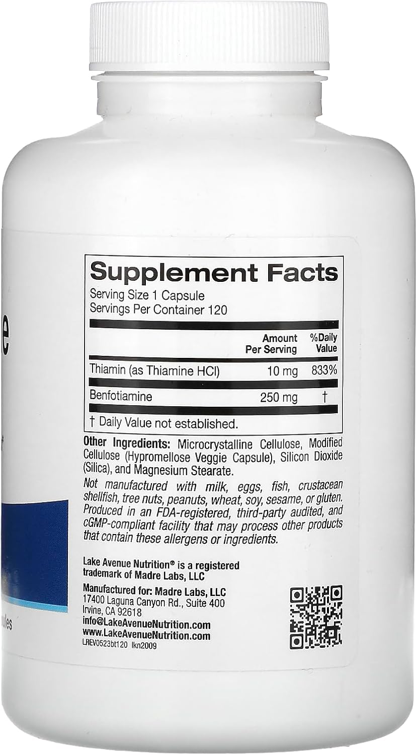 Lake Avenue Nutrition Benfotiamine and Thiamine Supplement, 250 mg, 120 Capsules
