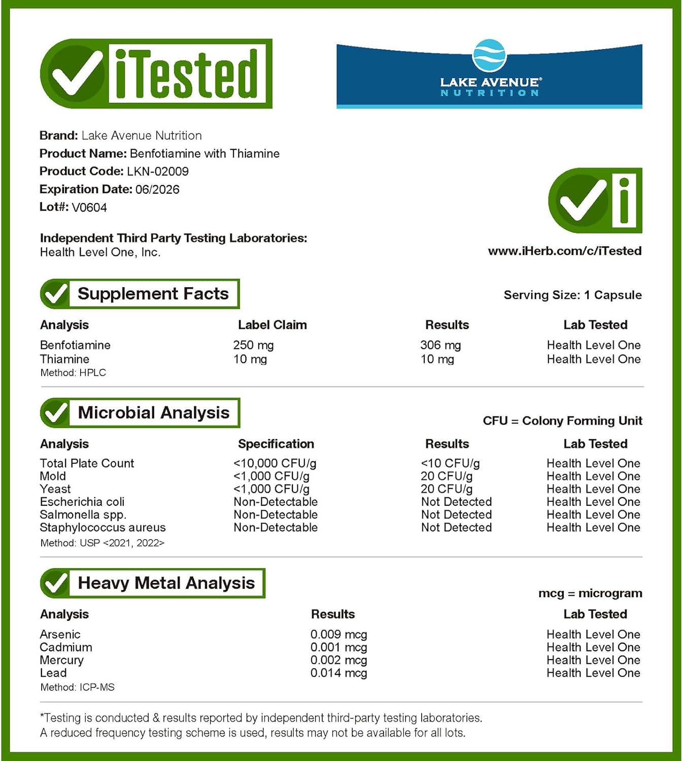 Lake Avenue Nutrition Benfotiamine and Thiamine Supplement, 250 mg, 120 Capsules