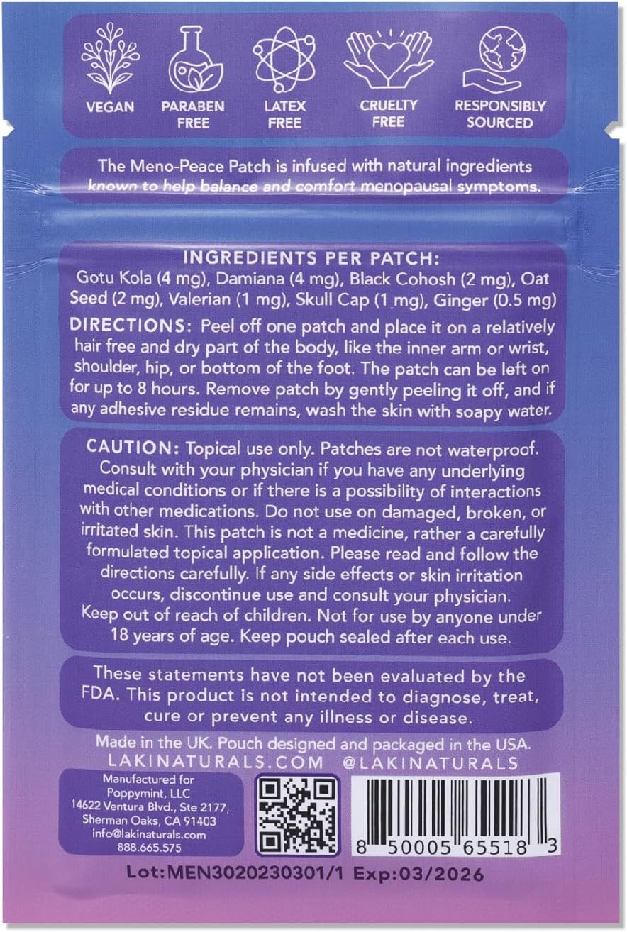 Laki Naturals Meno-Peace Patch (Pack of 15) | Herbal Menopause Support for Women | Mood Balance & Hormonal Relief