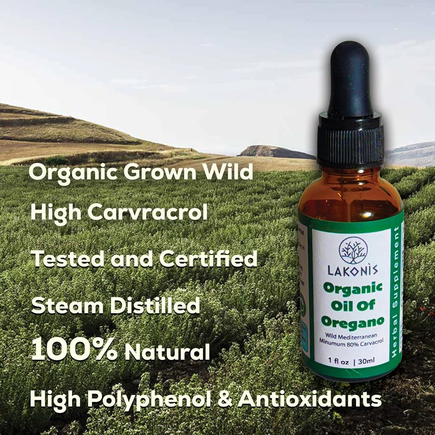 LAKONIS Organic Oil of Oregano Drops | 100% Natural with Hydroxytyrosol | Aceite De Oregano | High Carvacrol | Immune Support (1 oz)