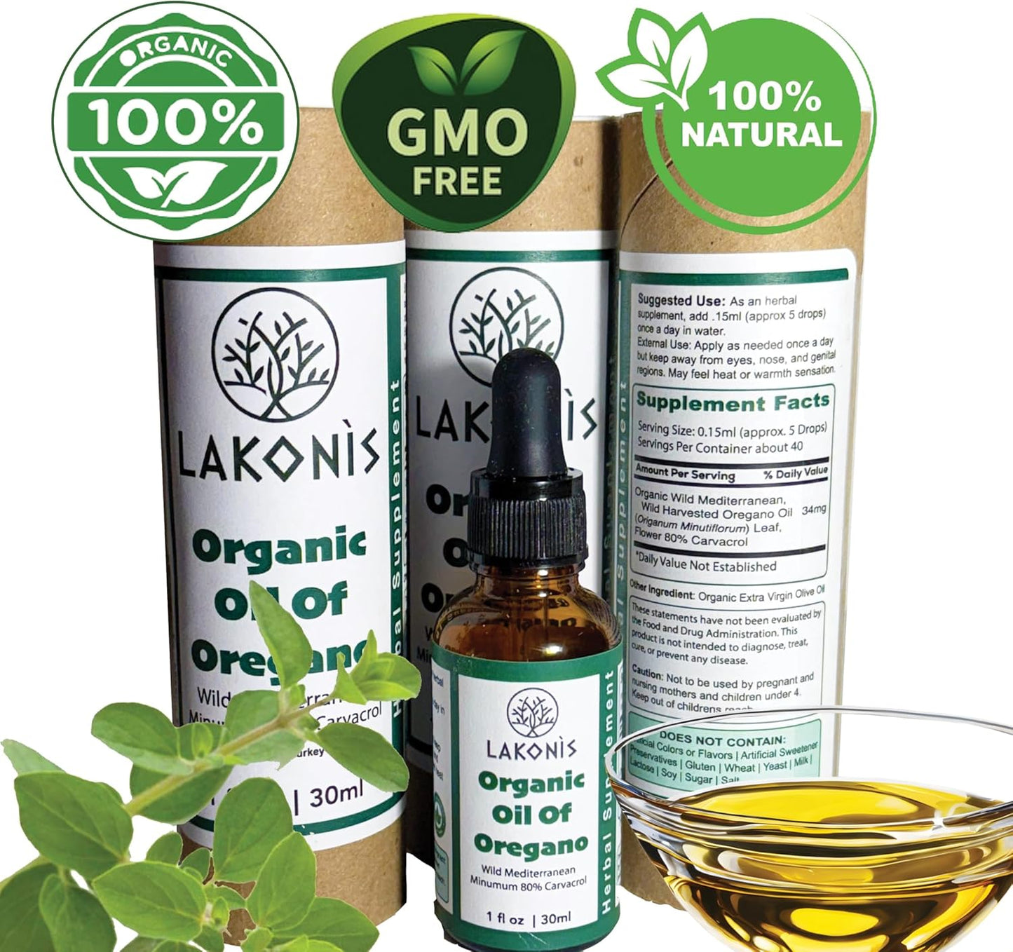 LAKONIS Organic Oil of Oregano Drops | 100% Natural with Hydroxytyrosol | Aceite De Oregano | High Carvacrol | Immune Support (1 oz)