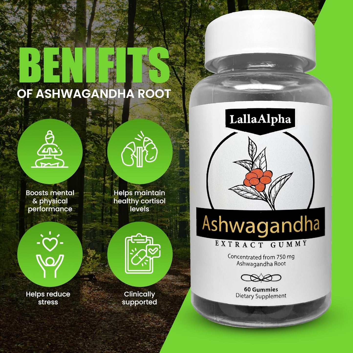 LallaAlpha Ashwagandha Gummies - 750mg - 60 Count - Natural Stress Relief & Energy Support