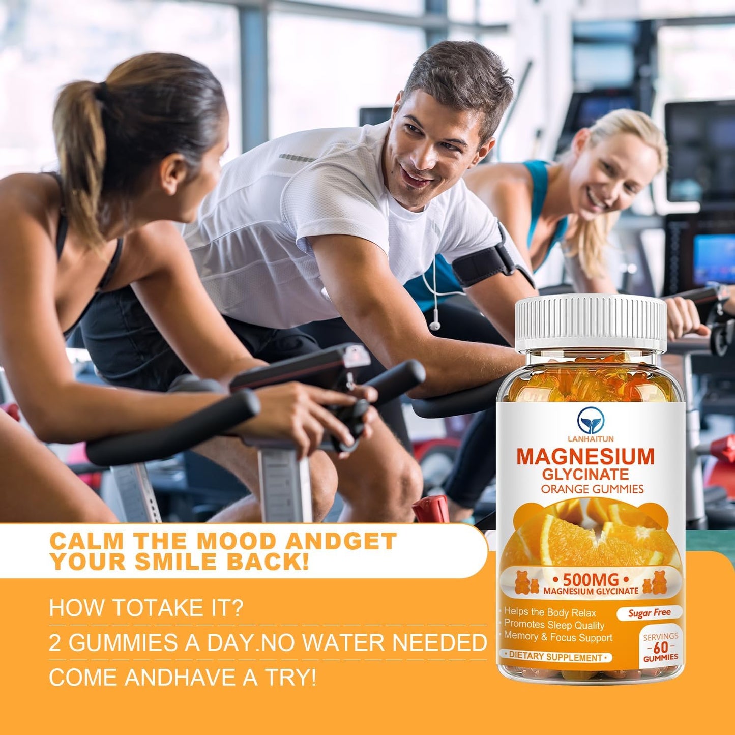 LANHAITUN Magnesium Glycinate Gummies with Magnesium L-Threonate - Sugar Free Supplement for Adults & Kids - Orange Flavored - 60 Pack