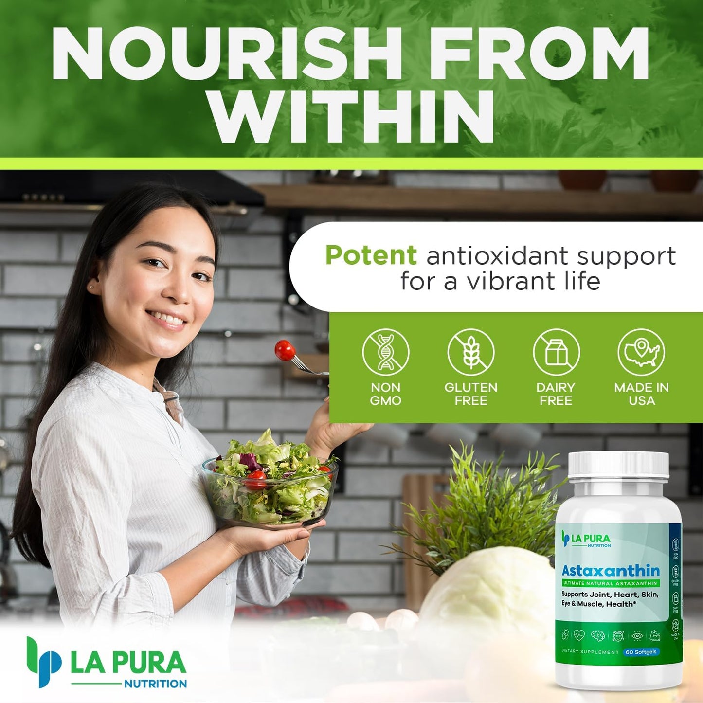 LaPura Ultimate Natural Astaxanthin 10mg Softgel Capsules - Pure Antioxidant Supplement for Joint, Heart, Brain, Skin, Eye & Muscle Support - Non-GMO, Gluten-Free, Made in USA