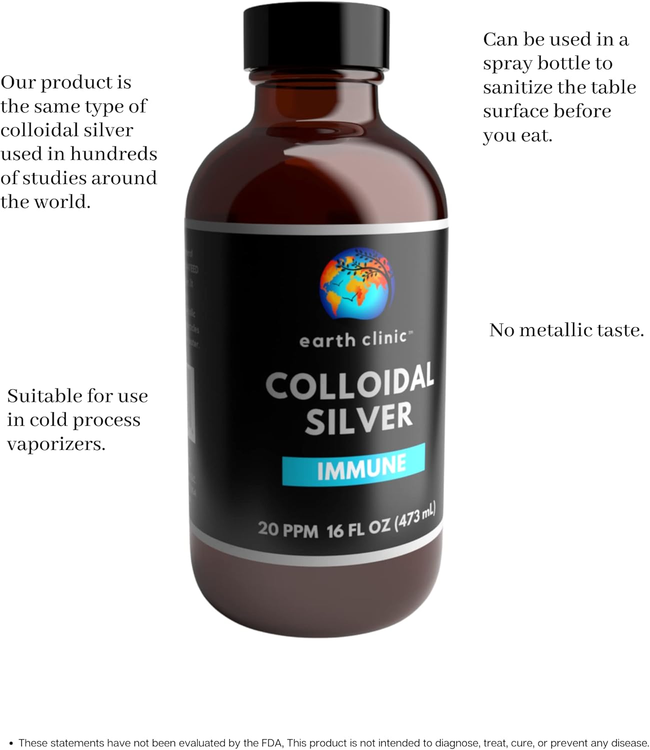 Large 16oz Earth Clinic ® Colloidal Silver 20 PPM in Amber Glass Bottle for Immune Support