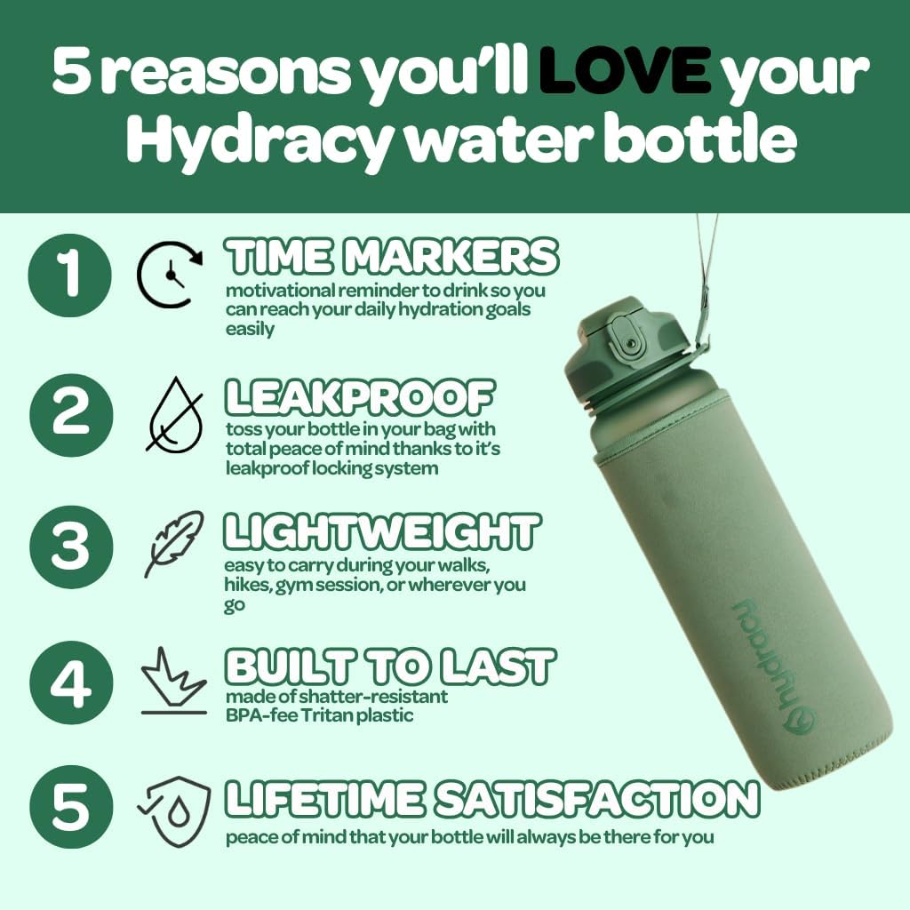 Large BPA Free Hydracy Water Bottle with Time Marker, No Sweat Sleeve, Leak Proof Gym Bottle, Fruit Infuser Strainer, Times to Drink - Perfect for Fitness, Sports, Outdoors - Stay Hydrated!