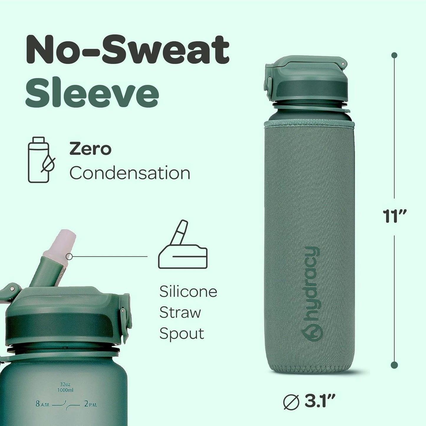 Large BPA Free Hydracy Water Bottle with Time Marker, No Sweat Sleeve, Leak Proof Gym Bottle, Fruit Infuser Strainer, Times to Drink - Perfect for Fitness, Sports, Outdoors - Stay Hydrated!