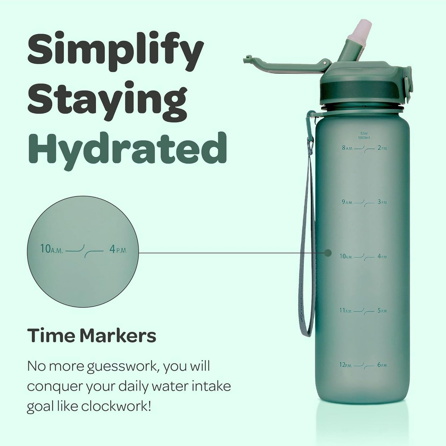 Large BPA Free Hydracy Water Bottle with Time Marker, No Sweat Sleeve, Leak Proof Gym Bottle, Fruit Infuser Strainer, Times to Drink - Perfect for Fitness, Sports, Outdoors - Stay Hydrated!
