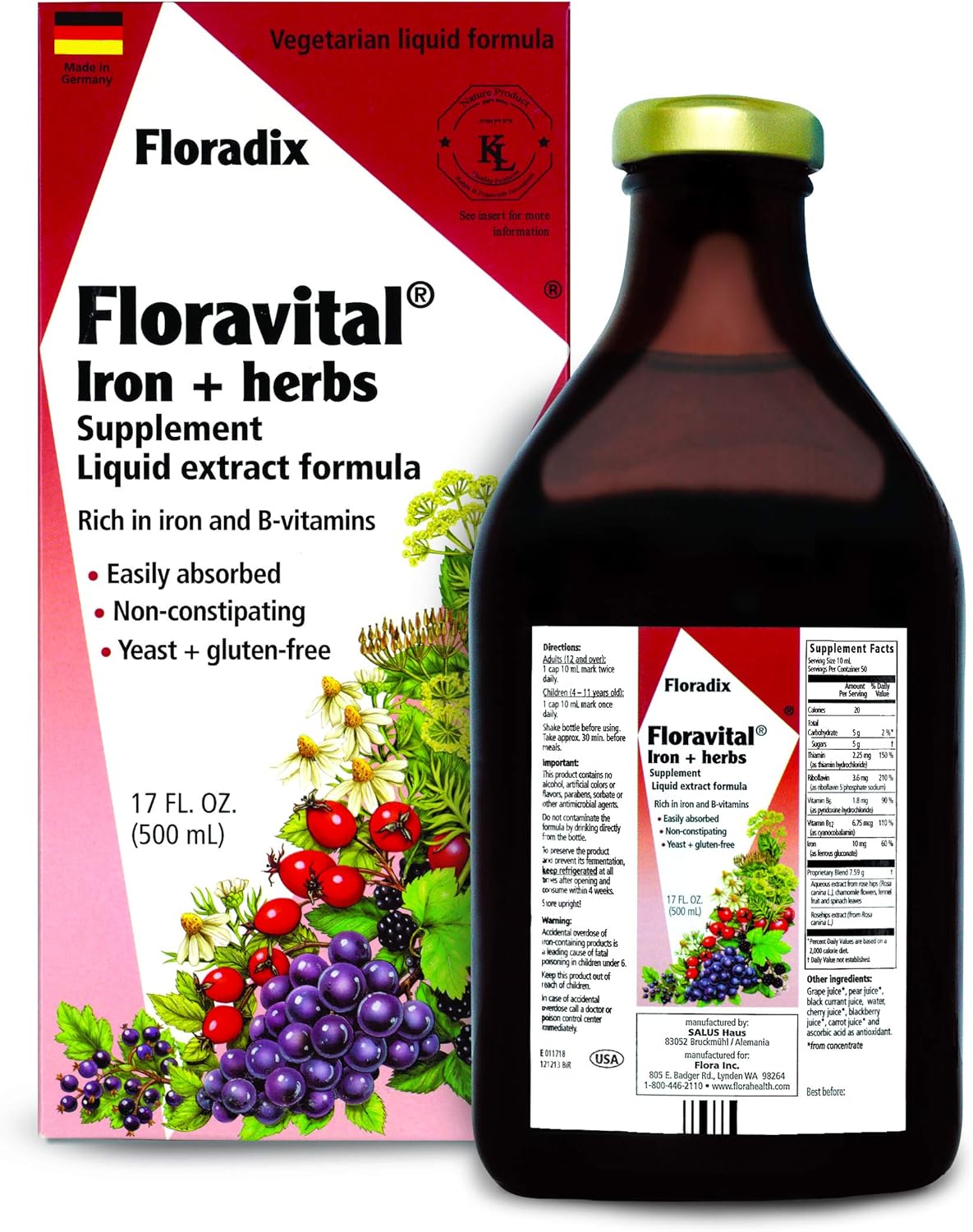 Large Floravital Liquid Iron Supplement with Herbs - 17oz Vegan Non GMO Gluten Free Non Constipating Yeast Free for Men & Women