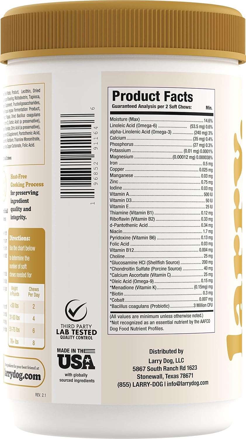 Larry's 8-in-1 Multivitamin Dog Supplement | Heart, Digestion, Liver, Skin, Coat, & Joint Support | Vitamins, Minerals, Omegas, & Glucosamine Chondroitin | 120 Soft Chews