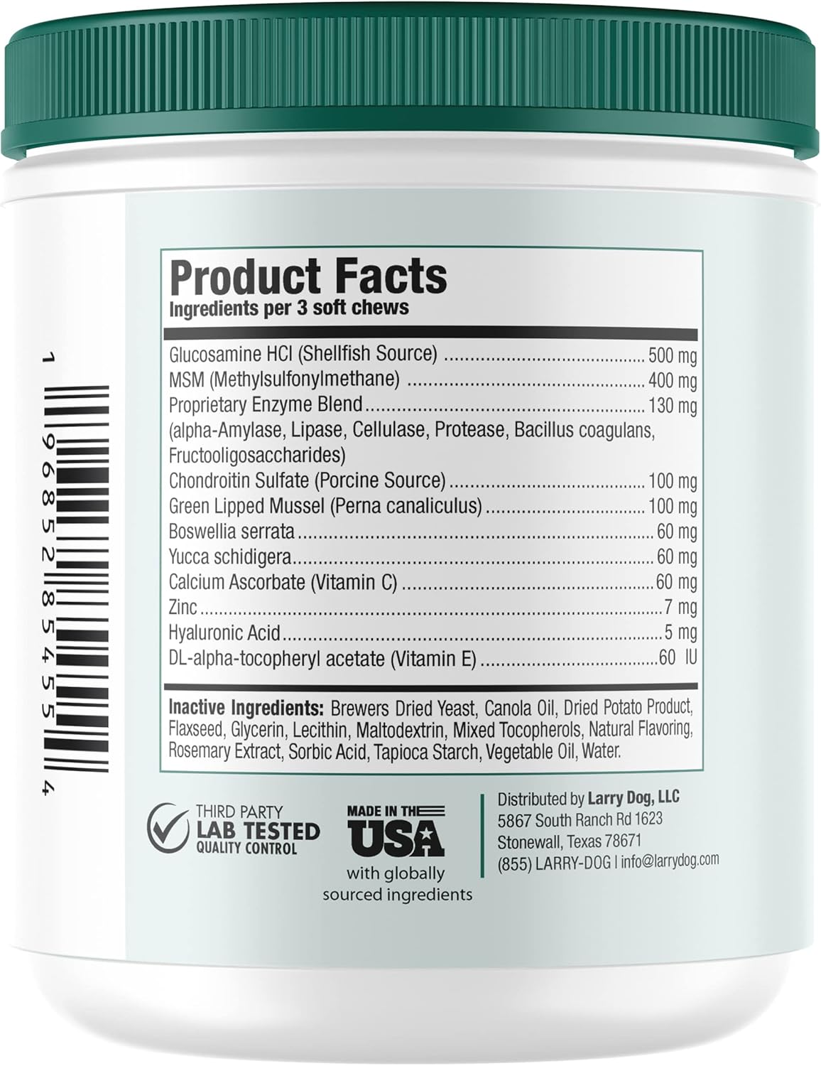 Larry's Dog Hip and Joint Care Supplement with Chondroitin, MSM, Hyaluronic Acid & Glucosamine - 120 Soft Chews for All Breeds & Sizes