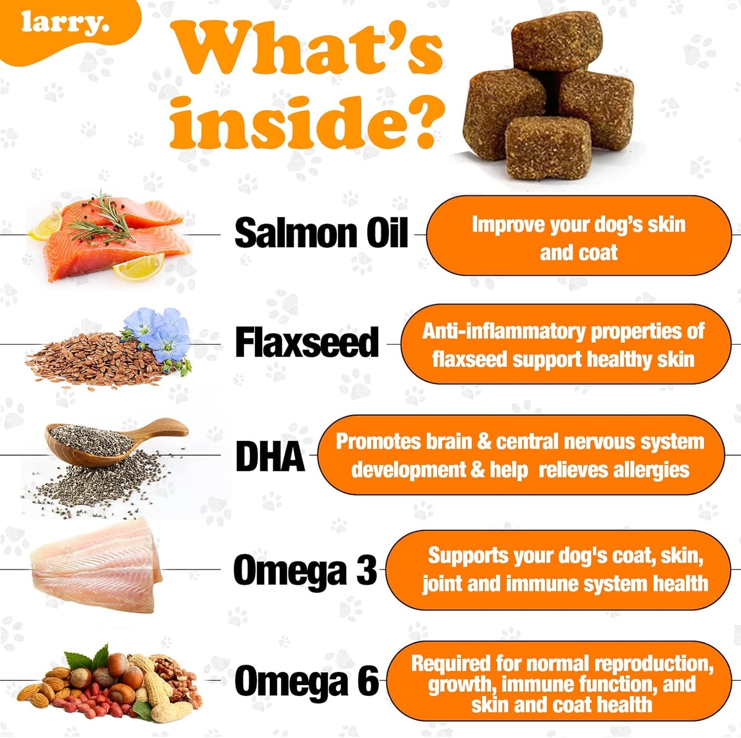 Larry's Salmon Oil Soft Chews for Dogs | Omega 3, 6, DHA, EPA Supplement for Skin, Coat, Joint Health | Itchy Skin & Allergy Relief | All Breeds & Sizes | 120 Chews