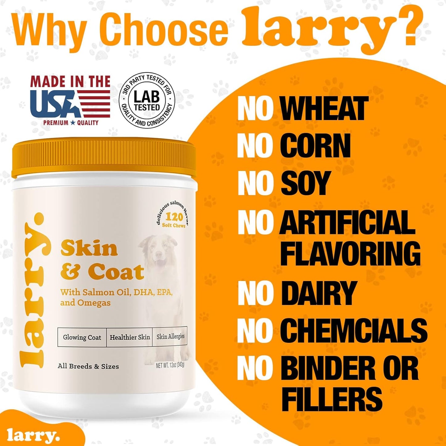 Larry's Salmon Oil Soft Chews for Dogs | Omega 3, 6, DHA, EPA Supplement for Skin, Coat, Joint Health | Itchy Skin & Allergy Relief | All Breeds & Sizes | 120 Chews