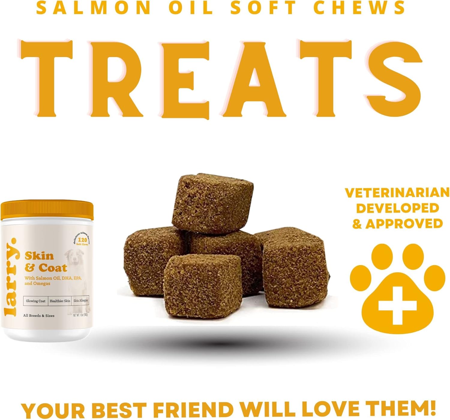 Larry's Salmon Oil Soft Chews for Dogs | Omega 3, 6, DHA, EPA Supplement for Skin, Coat, Joint Health | Itchy Skin & Allergy Relief | All Breeds & Sizes | 120 Chews