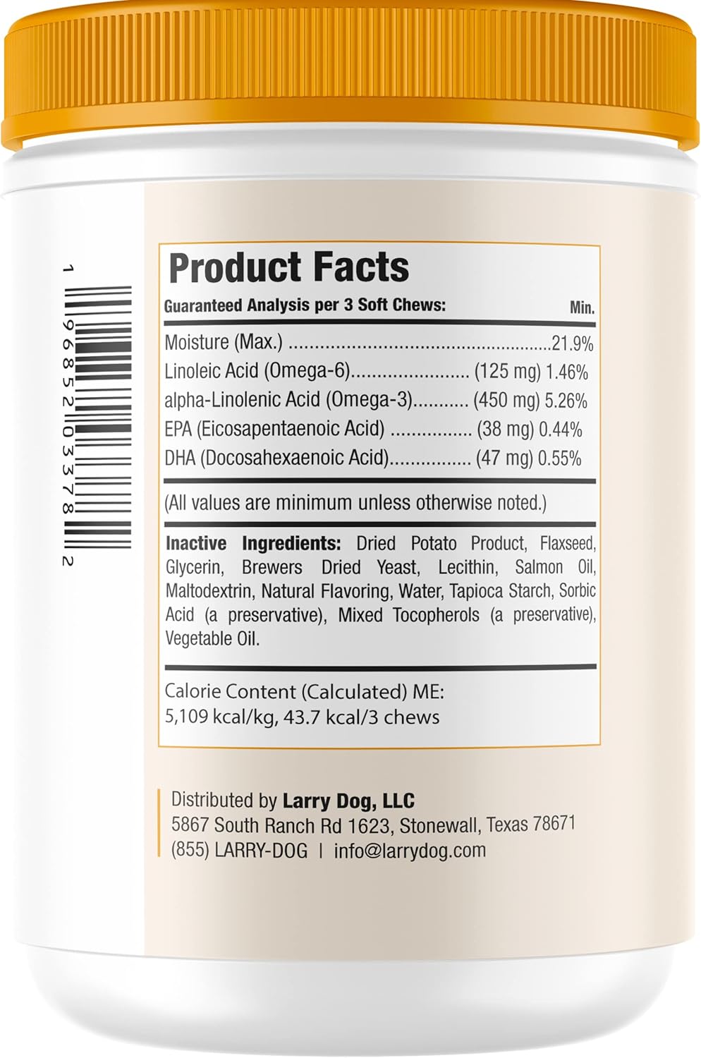 Larry's Salmon Oil Soft Chews for Dogs | Omega 3, 6, DHA, EPA Supplement for Skin, Coat, Joint Health | Itchy Skin & Allergy Relief | All Breeds & Sizes | 120 Chews