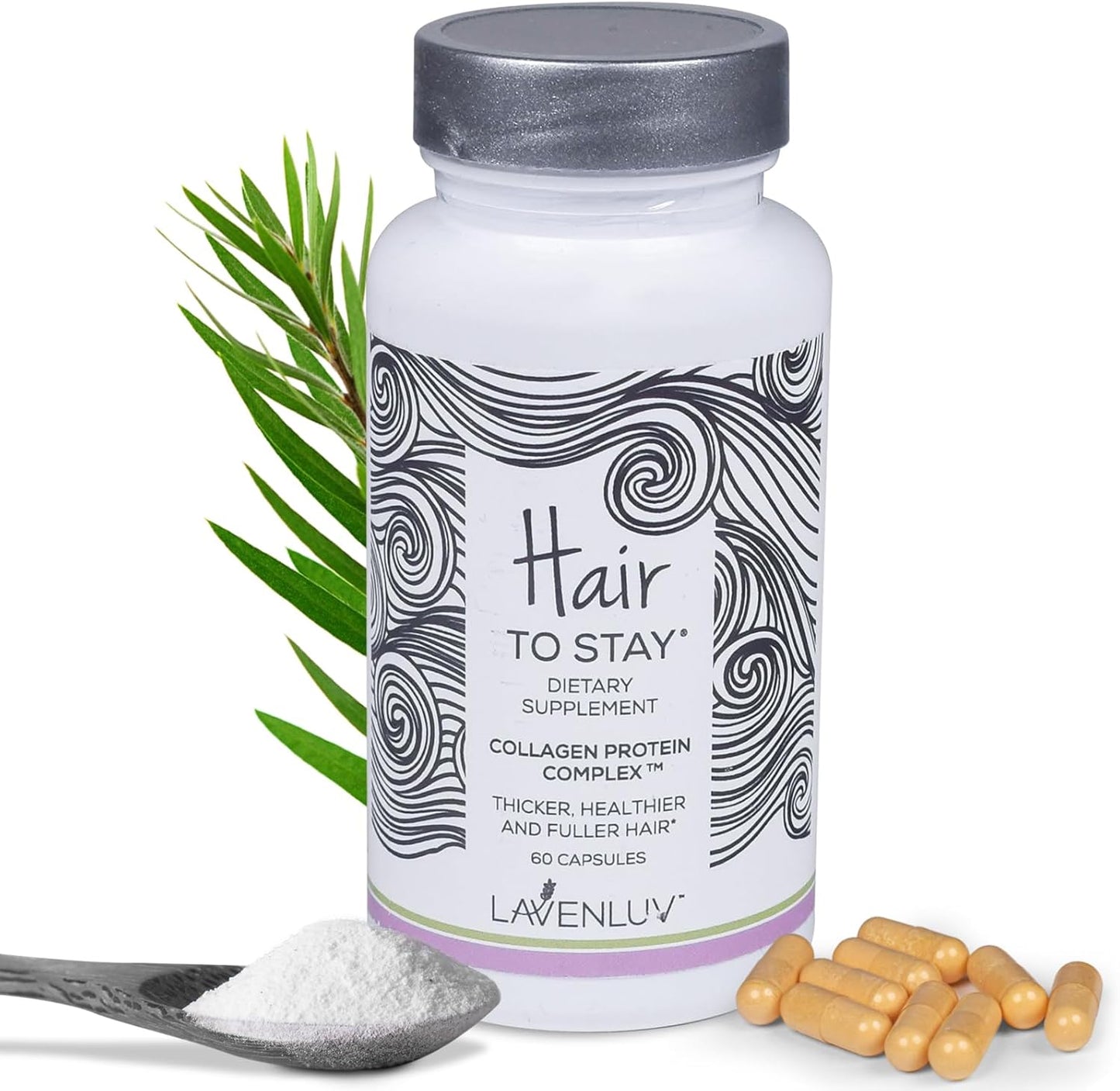 Lavenluv Hair Growth Capsules with Collagen Peptides and Biotin Vitamins for Thicker Hair - 60 Pills to Prevent Loss and Thinning