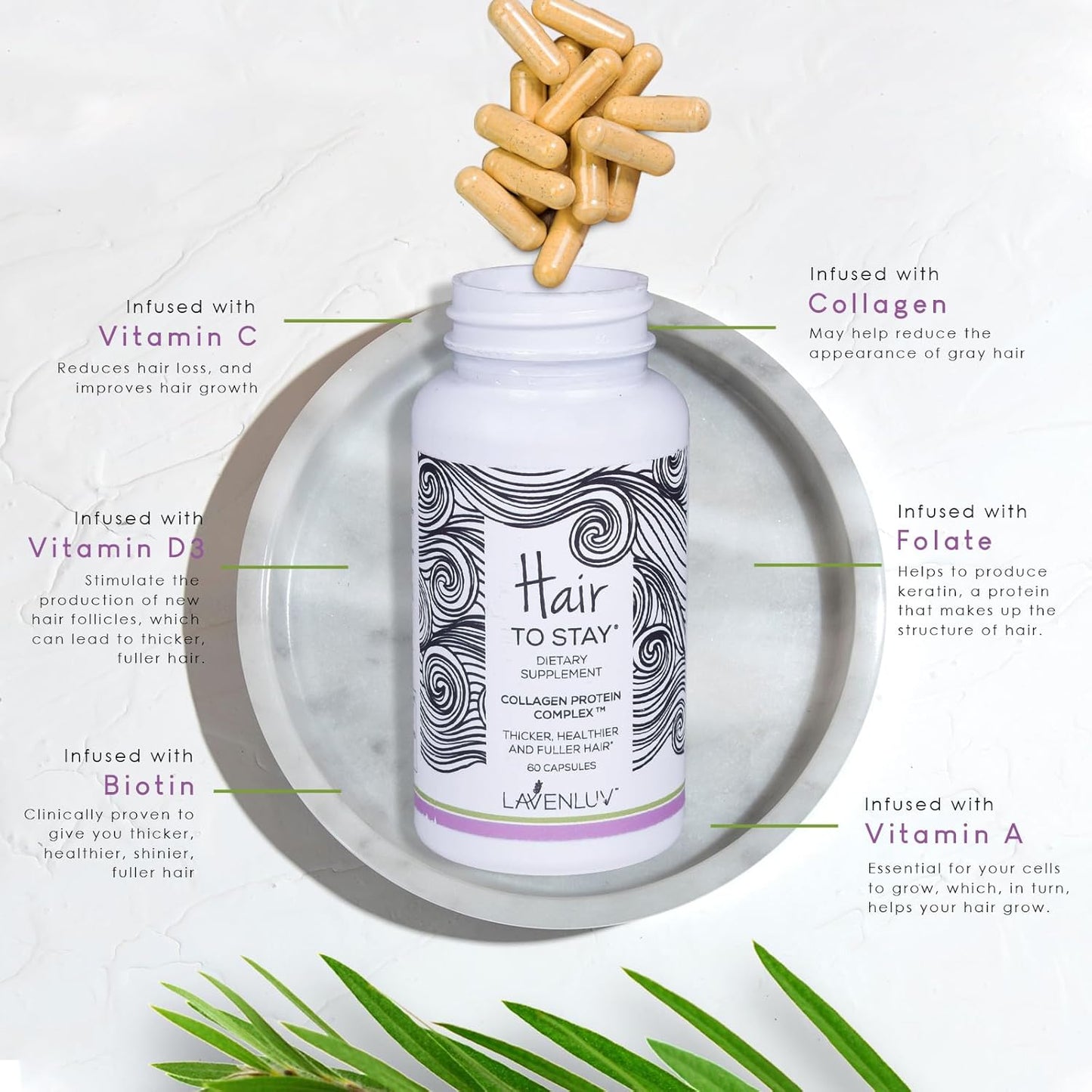 Lavenluv Hair Growth Capsules with Collagen Peptides and Biotin Vitamins for Thicker Hair - 60 Pills to Prevent Loss and Thinning