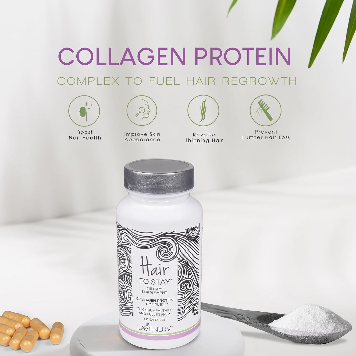 Lavenluv Hair Growth Capsules with Collagen Peptides and Biotin Vitamins for Thicker Hair - 60 Pills to Prevent Loss and Thinning