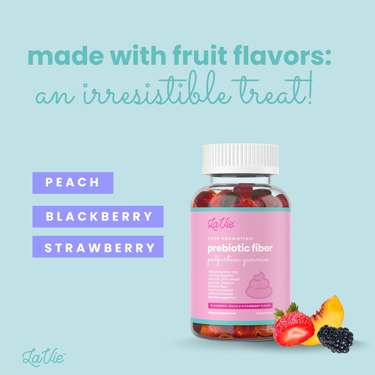 LaVie Fiber Gummies for Women - Sugar-Free Prebiotic Fiber Supplements for Pregnancy and Postpartum - 60 Count Mixed Fruit Gummies