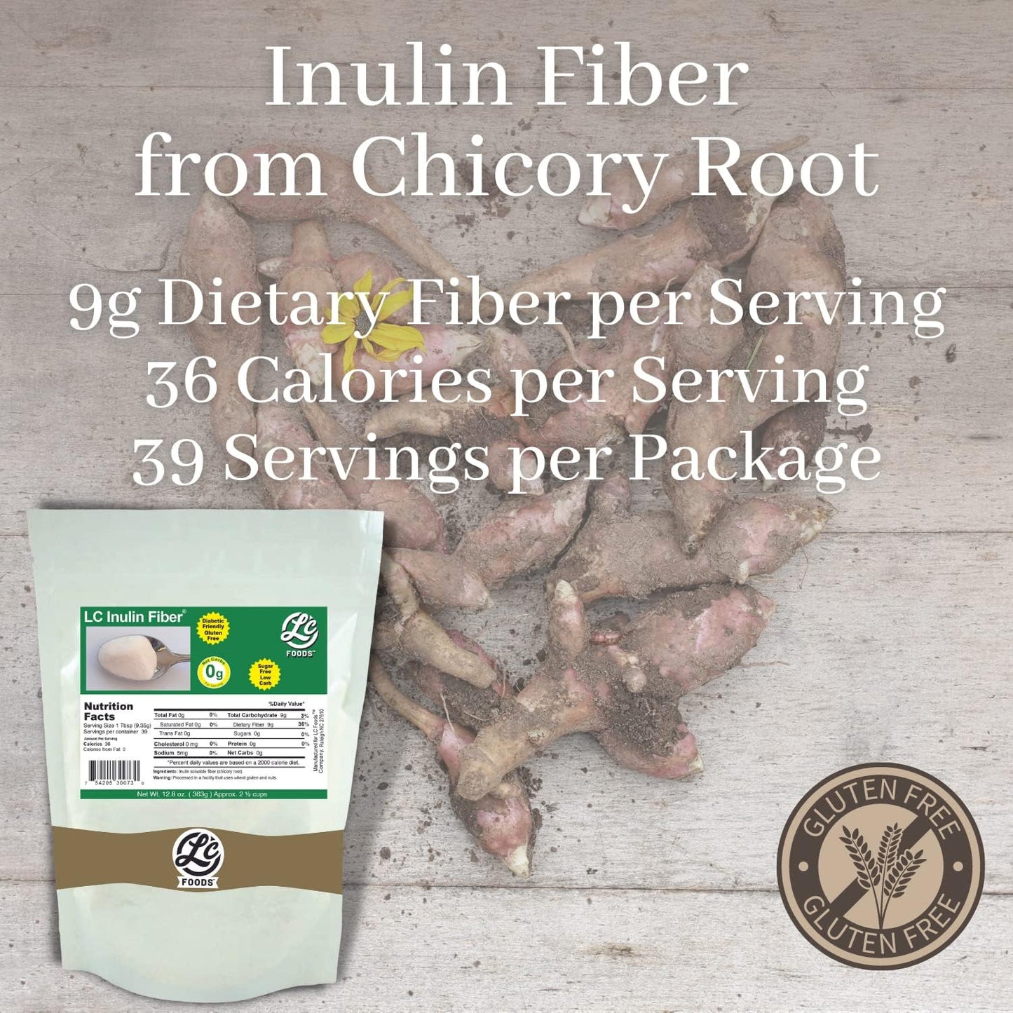 LC Foods Inulin Fiber Powder - Chicory Root Extract - Natural Low Carb Supplement - Gluten-Free, Sugar-Free - Diabetic-Friendly - 12.8 oz Jar