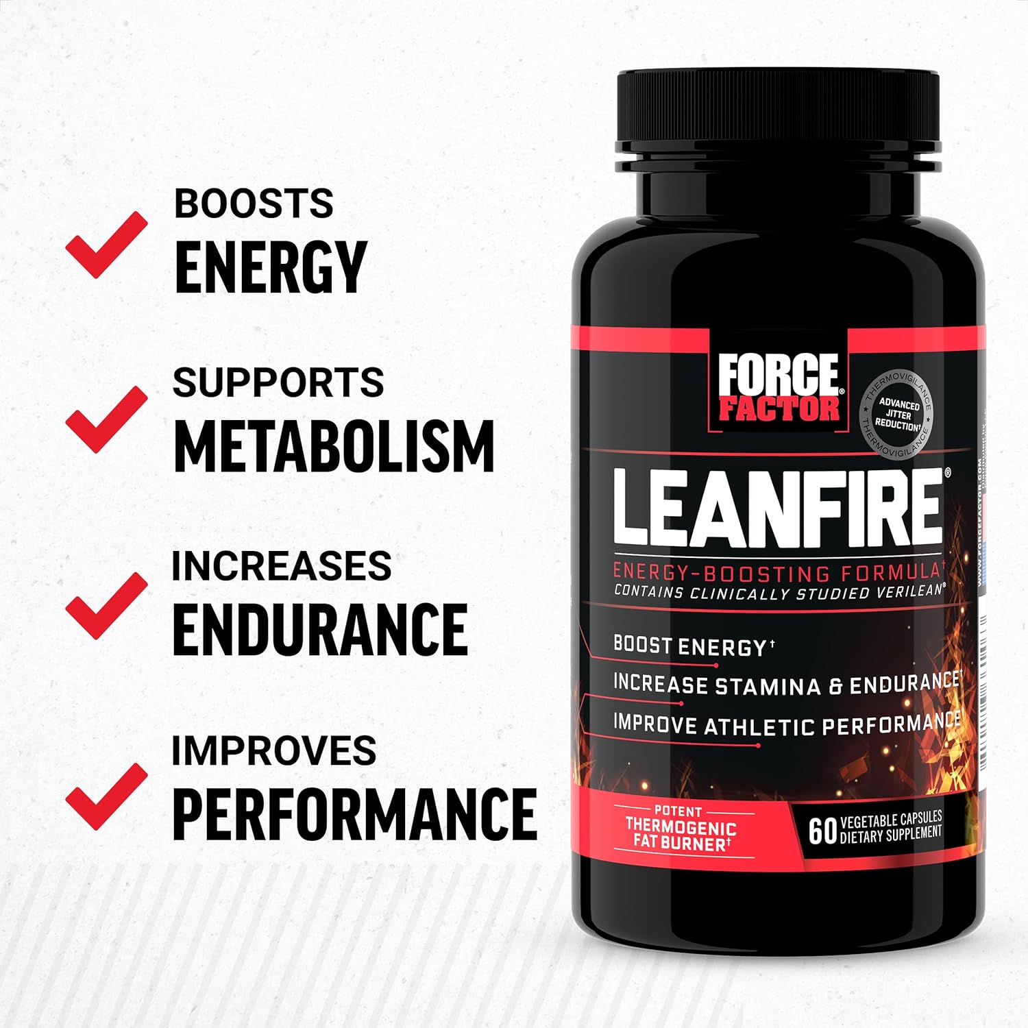 LeanFire Pre Workout Energy Pills - Boost Energy, Build Muscle - Green Tea Extract, Caffeine - 60 Count, Black