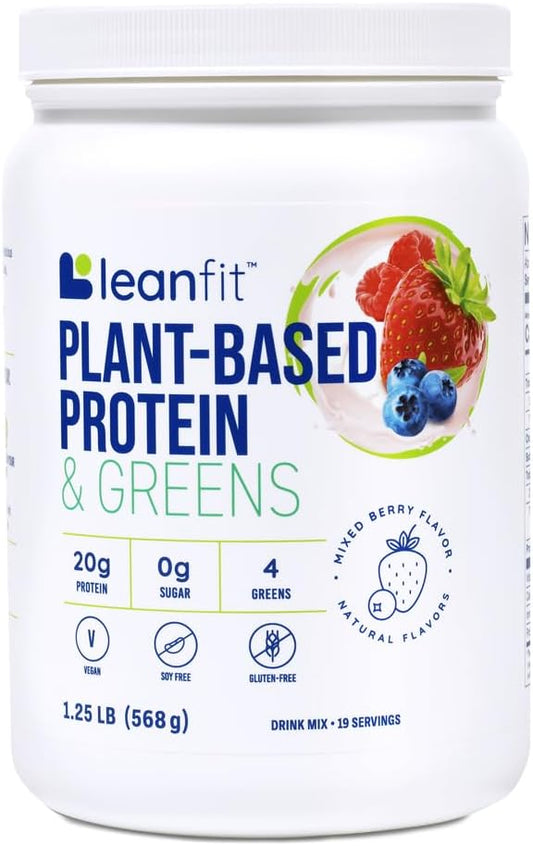 LeanFit Natural Berry Plant-Based Protein & Greens Powder - 20g Protein, 19 Servings - 1.25lb Tub
