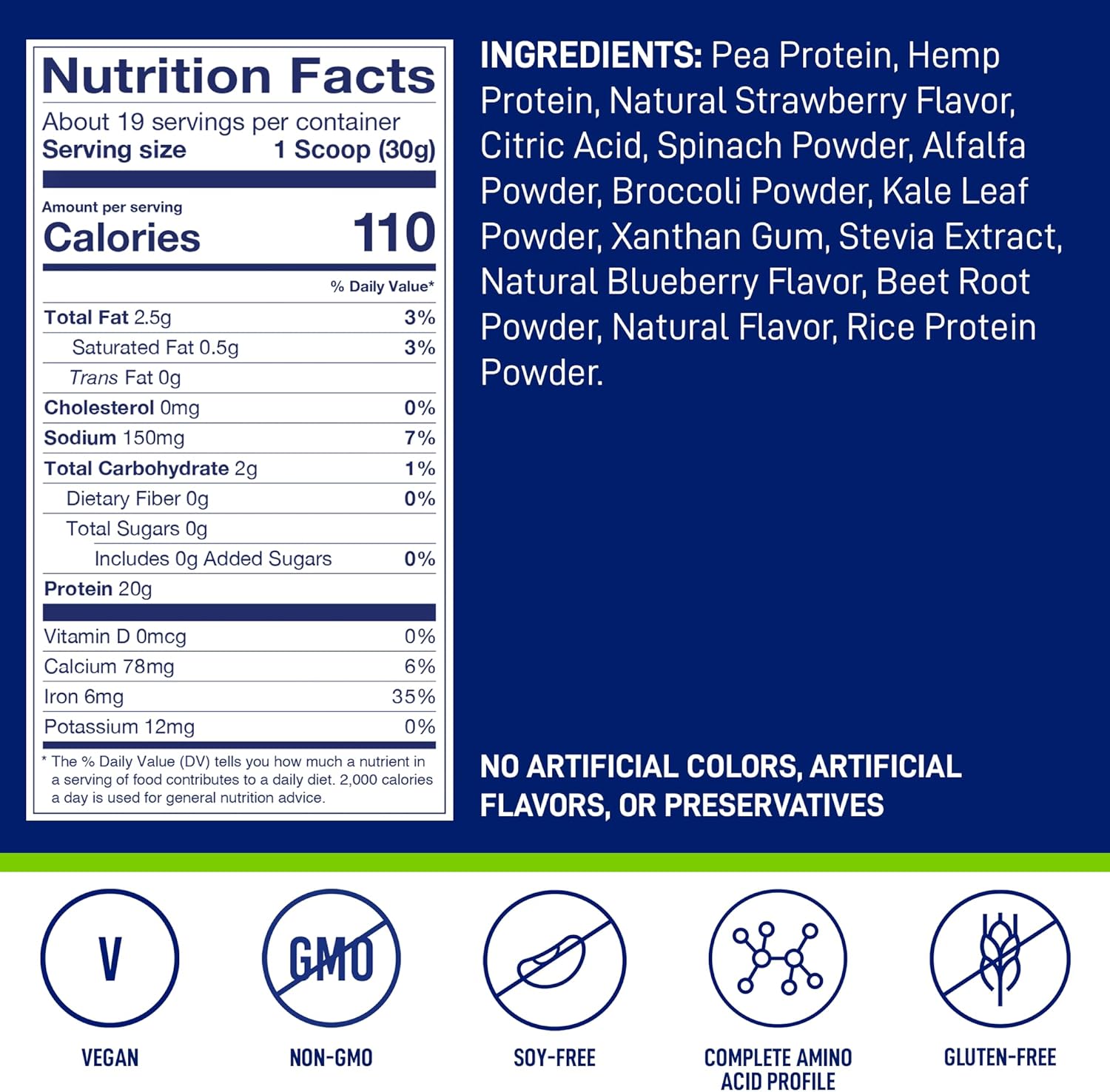 LeanFit Natural Berry Plant-Based Protein & Greens Powder - 20g Protein, 19 Servings - 1.25lb Tub